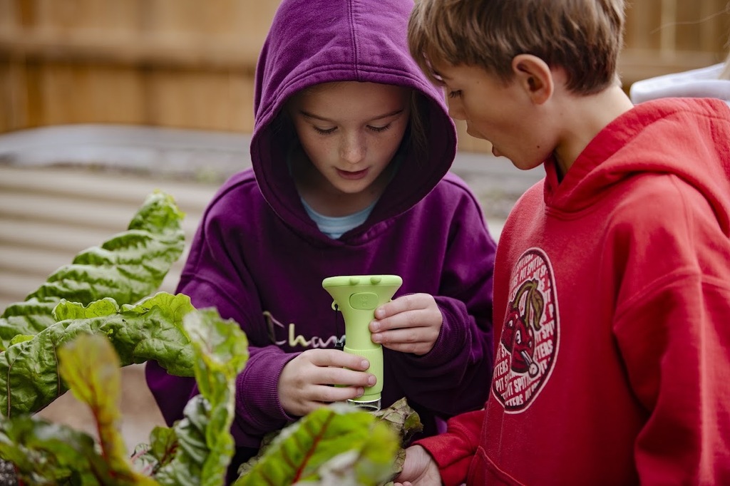 Two children, one in a purple hoodie and the other in a red hoodie, examine a green object in a garden.