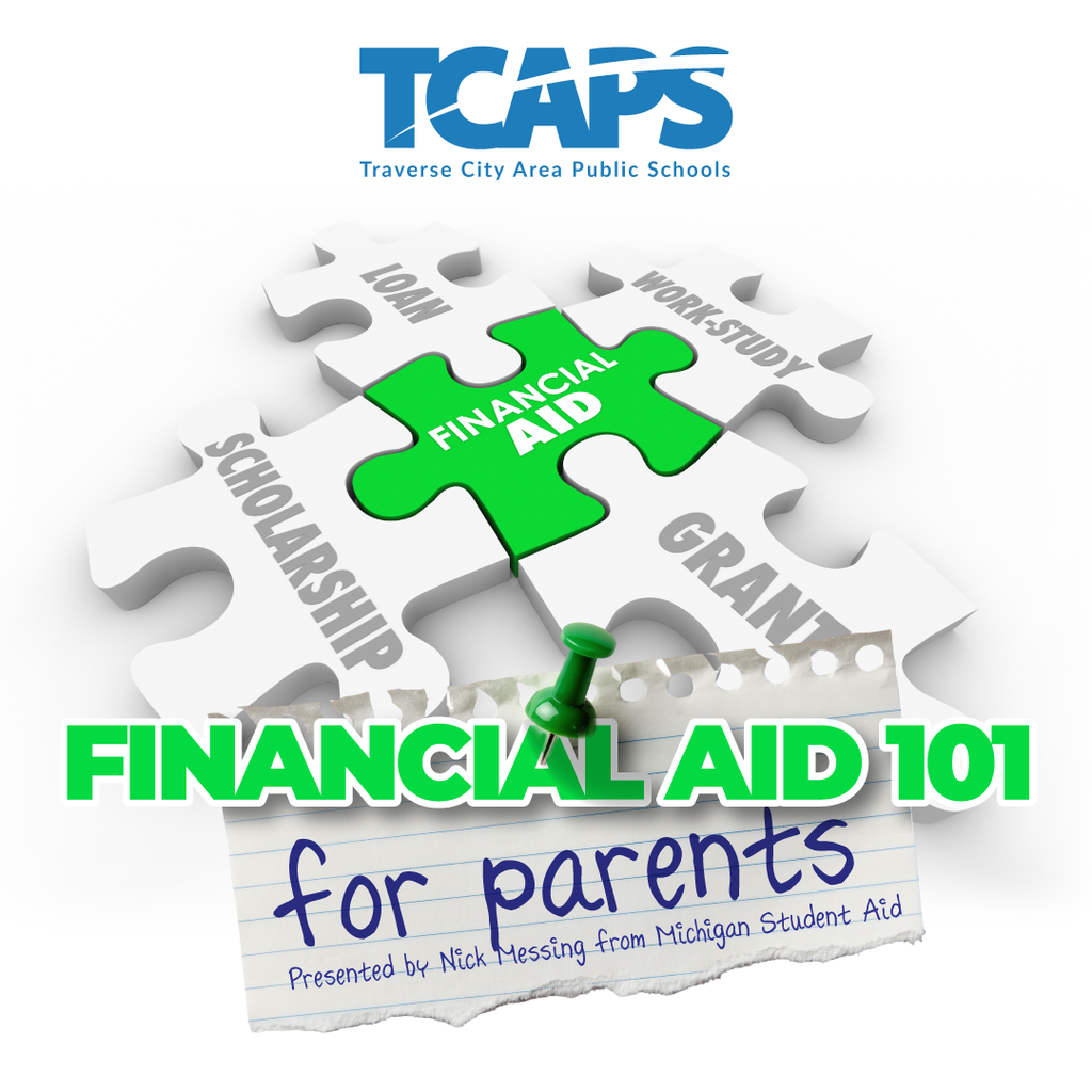 Puzzle pieces labeled "Scholarship", "Grant", and "Work-Study" with "Financial Aid" in center. Text reads "Financial Aid 101 for parents".