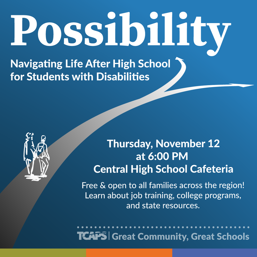 An informational flyer for students with disabilities. Features a pathway leading to a future with job training, college programs, and resources.
