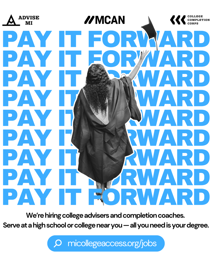 A woman in a gown holds a diploma, surrounded by the words "PAY IT FORWARD." Text reads "We're hiring college advisers and completion coaches."