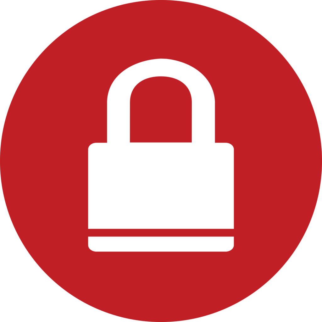A white padlock icon centered on a red circle background, representing security and protection.