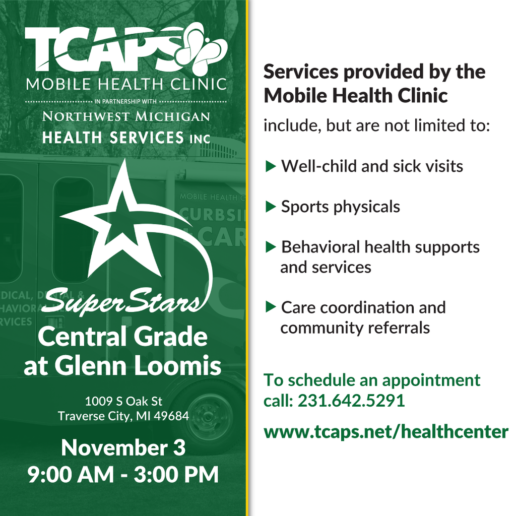 An advertisement for mobile health clinic services includes a bus image, date, time, and services such as well-child visits and sports physicals.