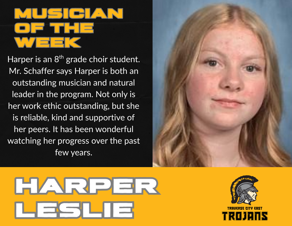 A student's picture with text: Harper Leslie, musician of the week. She is blonde, wears a blue shirt, and has freckles.