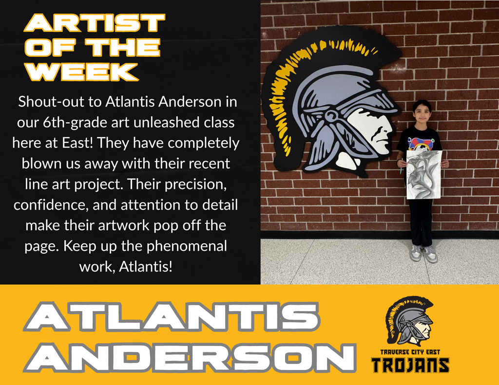A student stands in front of a brick wall with a helmet logo, holding a drawing. Text reads "Artist of the Week" and "Atlantis Anderson" with a shout-out for their art.
