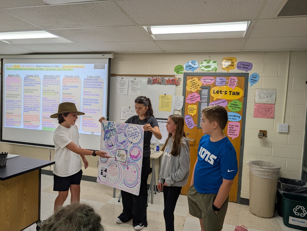 Four children with a poster in a classroom with a teacher and a projector screen on the wall.