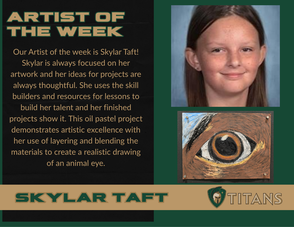A graphic with a student's photo and an artwork, accompanied by a brief description of the student's talent.