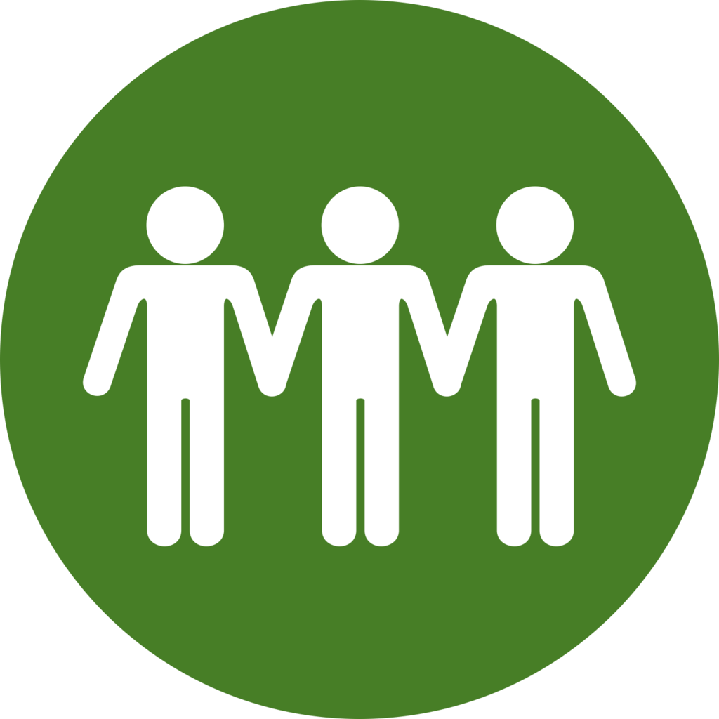 Three stick figure people stand in a row, holding hands, inside a green circle.