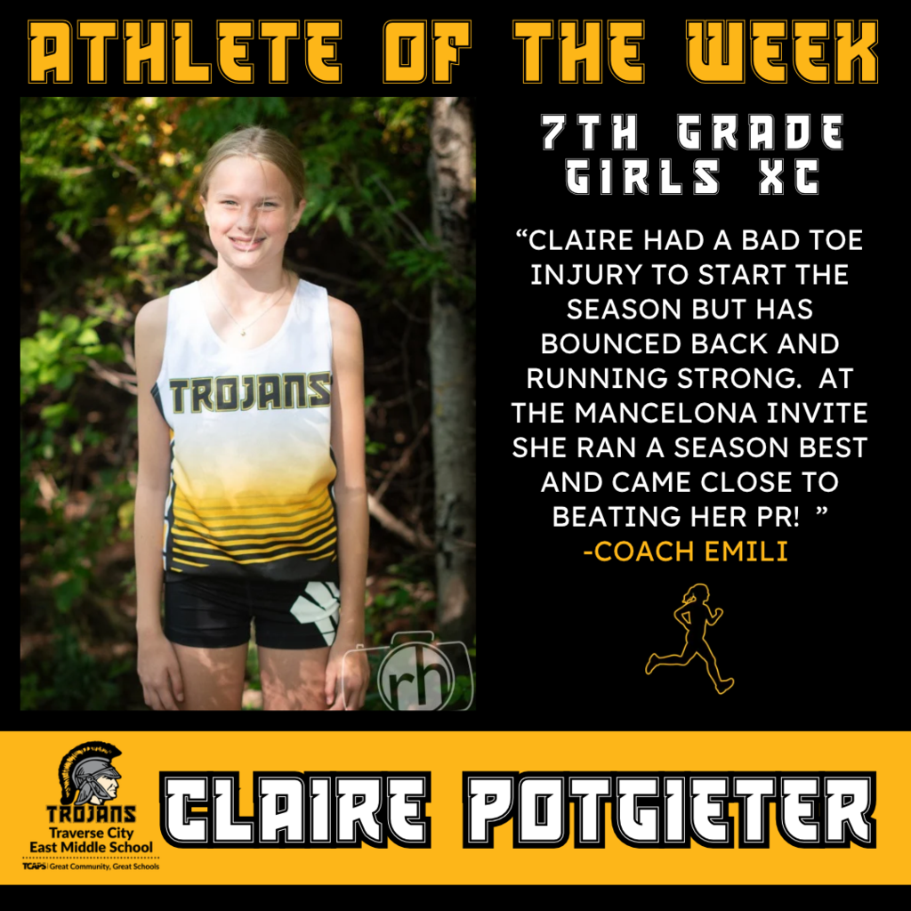 Claire Potgieter, 7th grade Cross Country runner, is named Athlete of the Week.