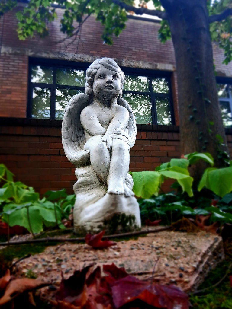 A small statue of a winged child sits on a rock in a garden.