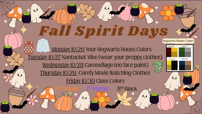 A poster for Fall Spirit Days with various Halloween icons, text, and a color palette with four colors.