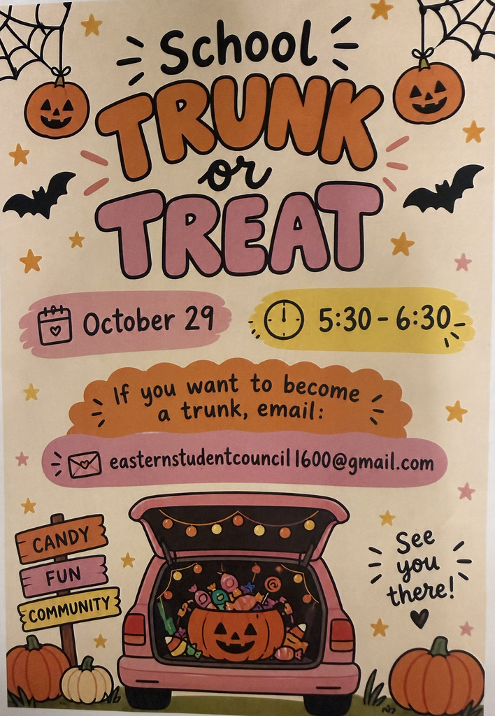 Poster with Halloween theme. A car with a trunk open filled with candy. Pumpkins and bats.