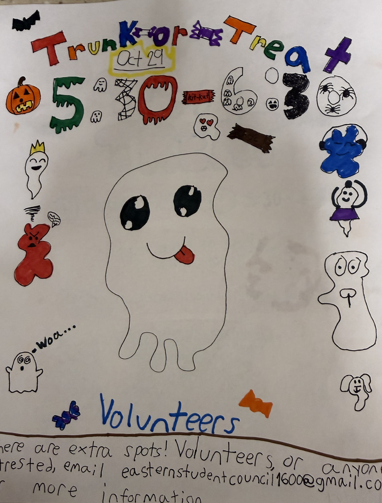 A colorful poster with a ghost drawing, text "Trunk-or-Treat" and numbers. Various Halloween icons are around it.