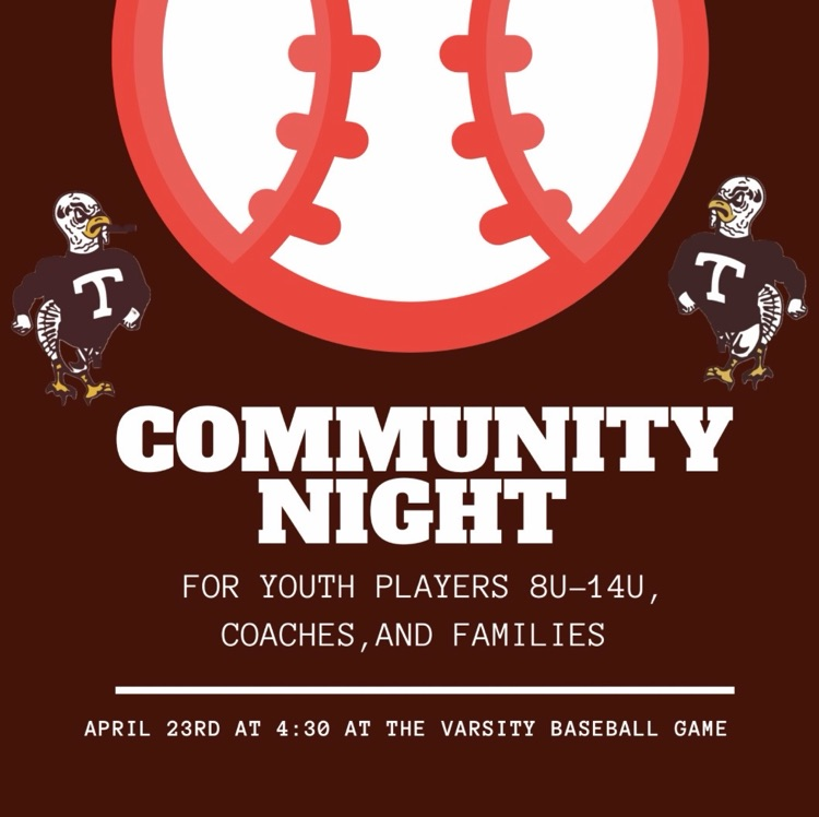 Please join us on April 23rd for our HS baseball community night! All 8U-14U players and families are welcome! Boys will get to warm up with the varsity players! 