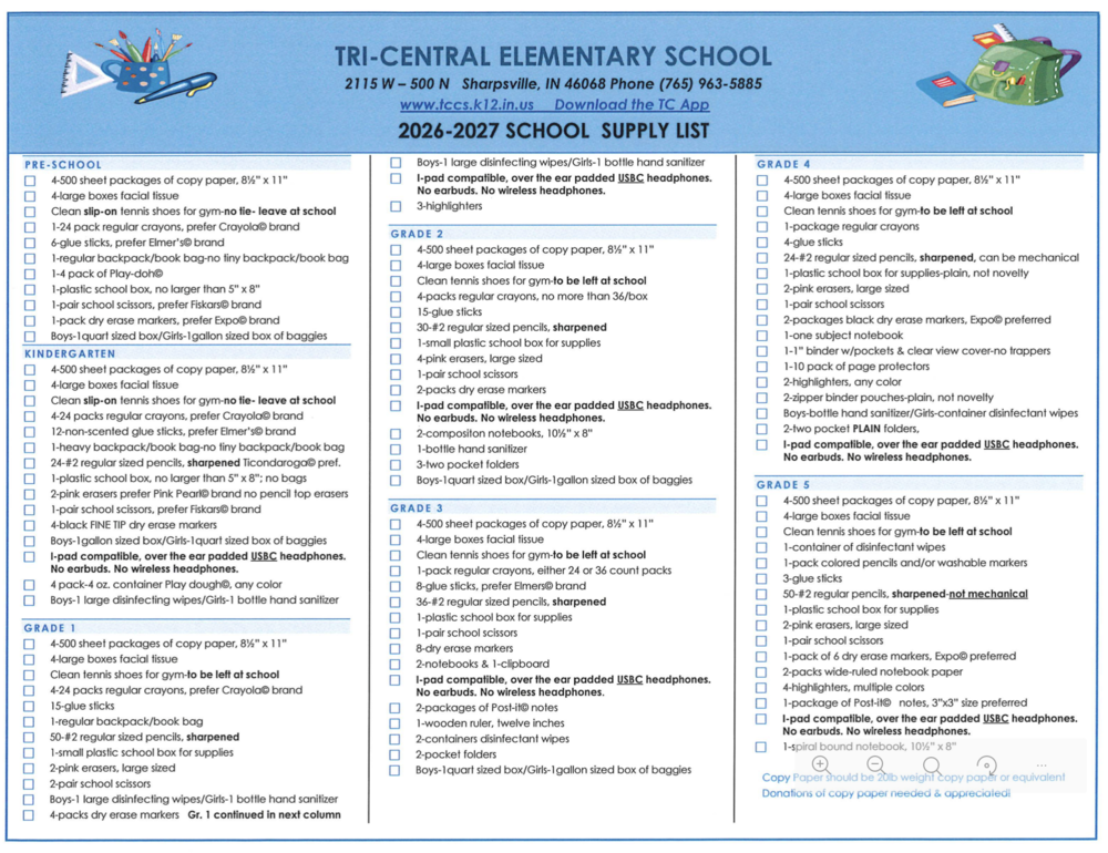 Elementary Supply List 2026-2027