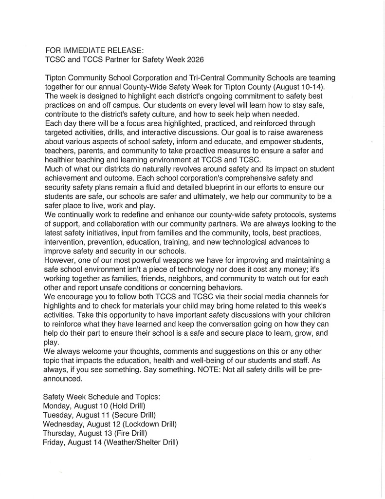 Safety Week Letter