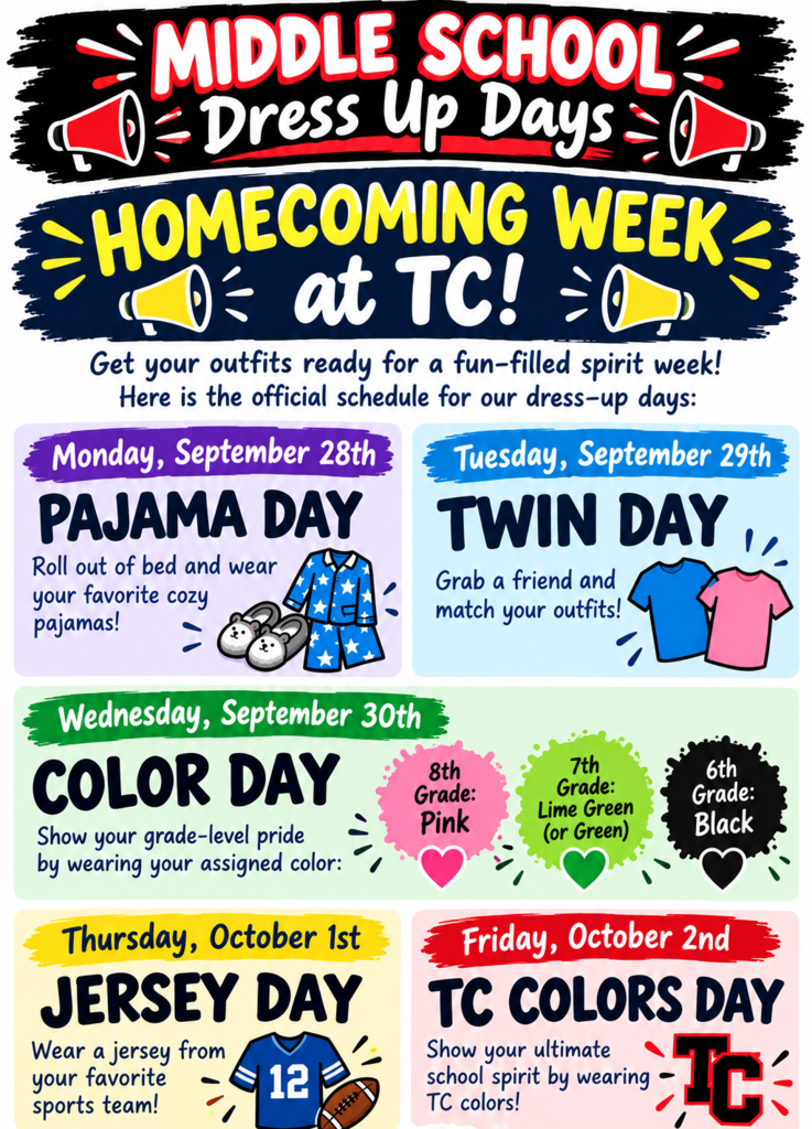 Middle School Dress Up Days for Homecoming Week at TC!