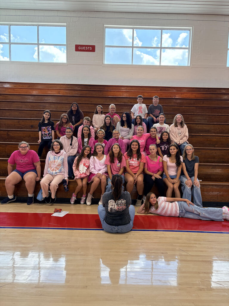 kids sitting in bleachers in pink