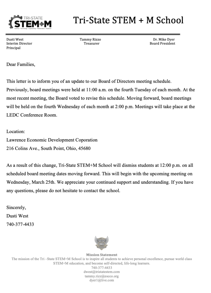 Updated Board Meeting Letter to Families