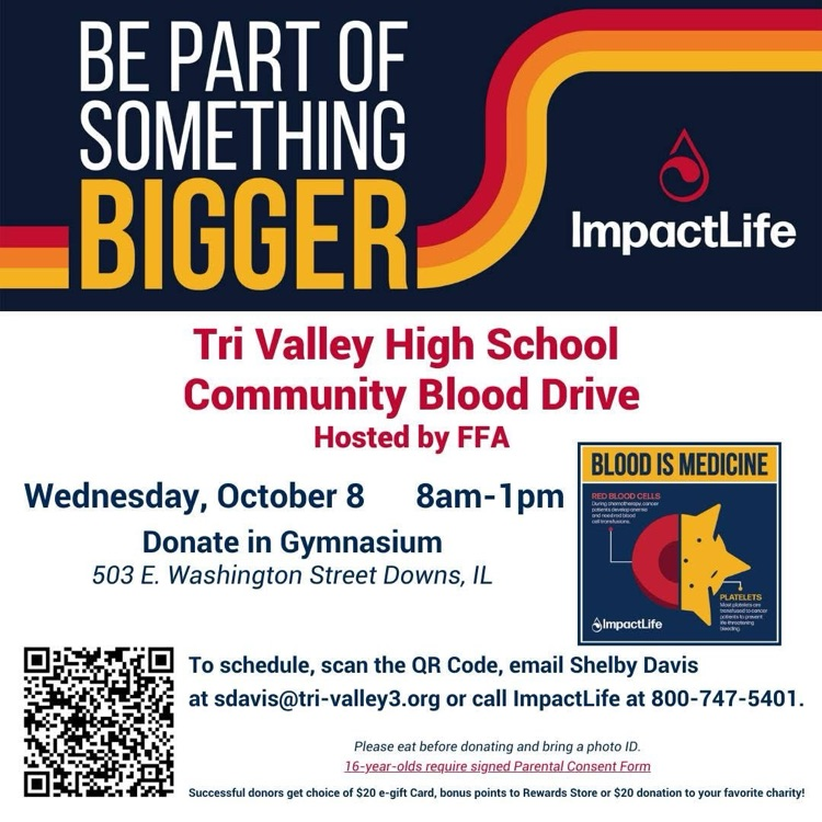 Mark your calendars for our Blood Drive at TVHS on October 8th. Our goal is 29 unit of blood. We hope to see you there!  https://login.bloodcenter.org/donor/schedules/drive_schedule/139332
