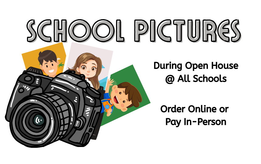 School Pictures text with camera and kid photos