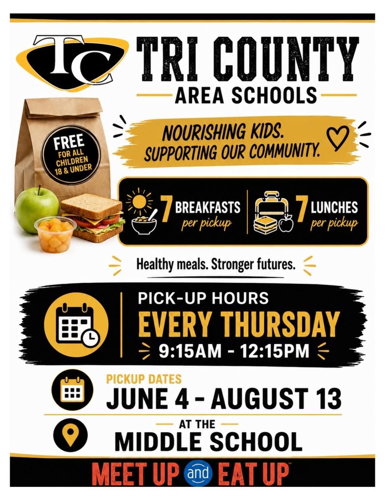 Flyer for meal pickup at TC middle school every Thursday 9:15am to 12:15pm