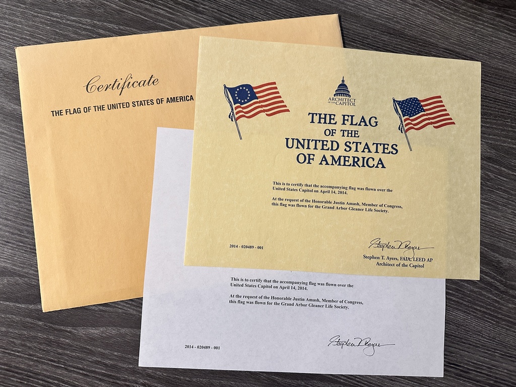 A letter of authenticity for an American flag that was flown over the capital building.