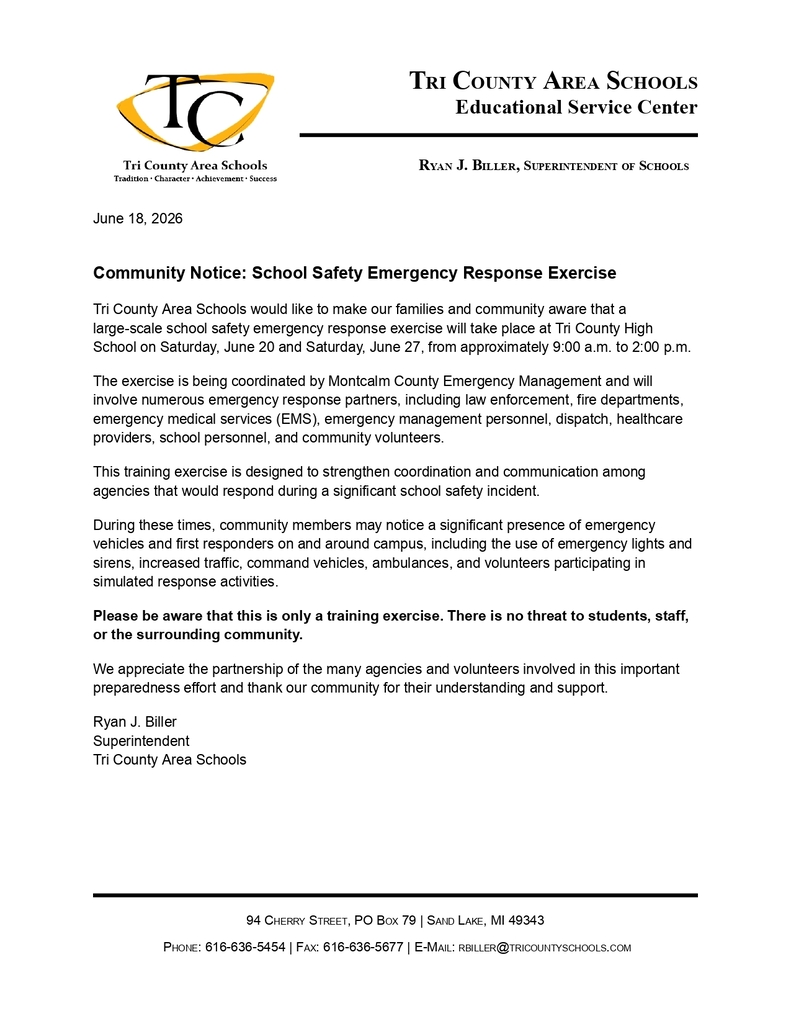 Community letter regarding a planned safety exercise 