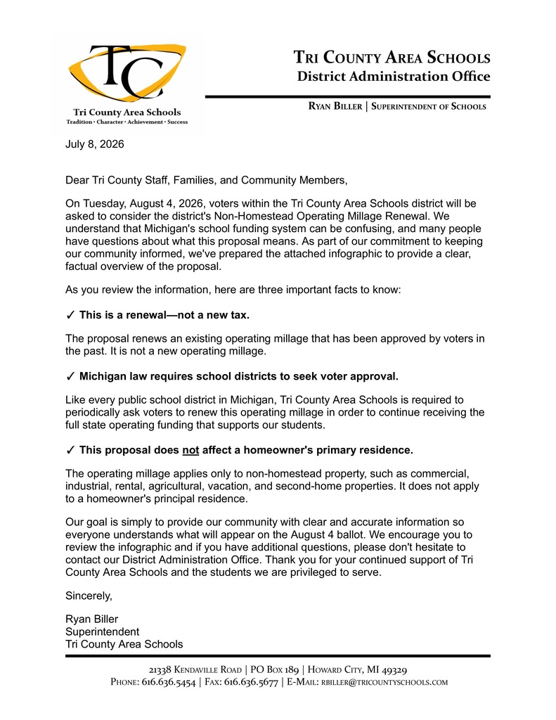 Letter from Superintendent Biller regarding an upcoming millage