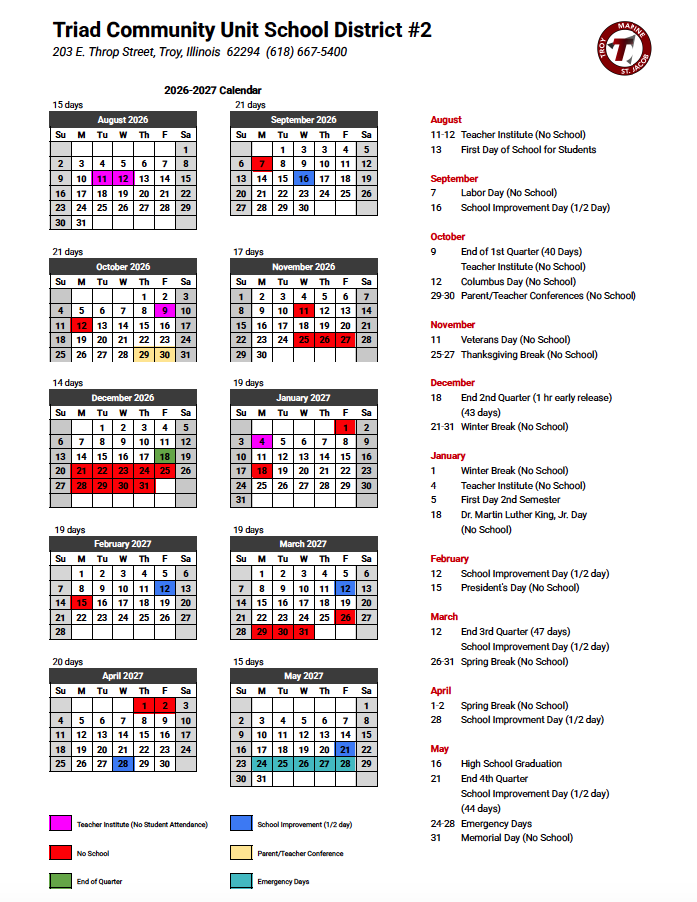 2026-2027 Triad District School Calendar