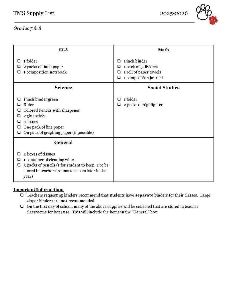 School Supply List