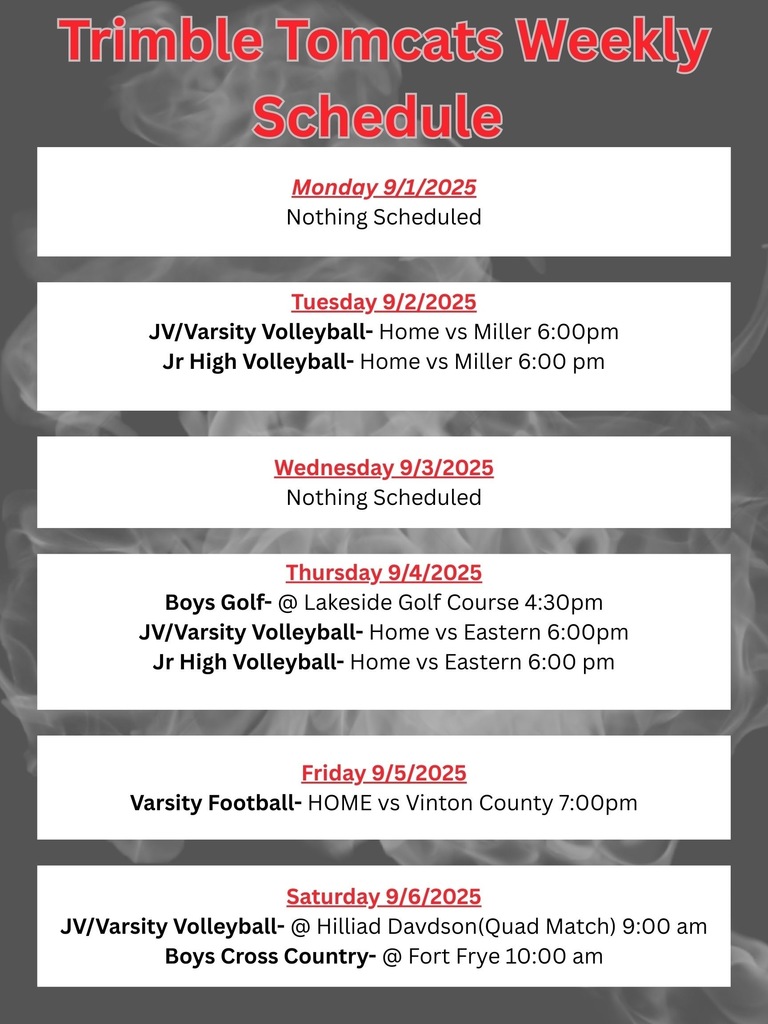 Trimble Tomcats Weekly Sports Schedule