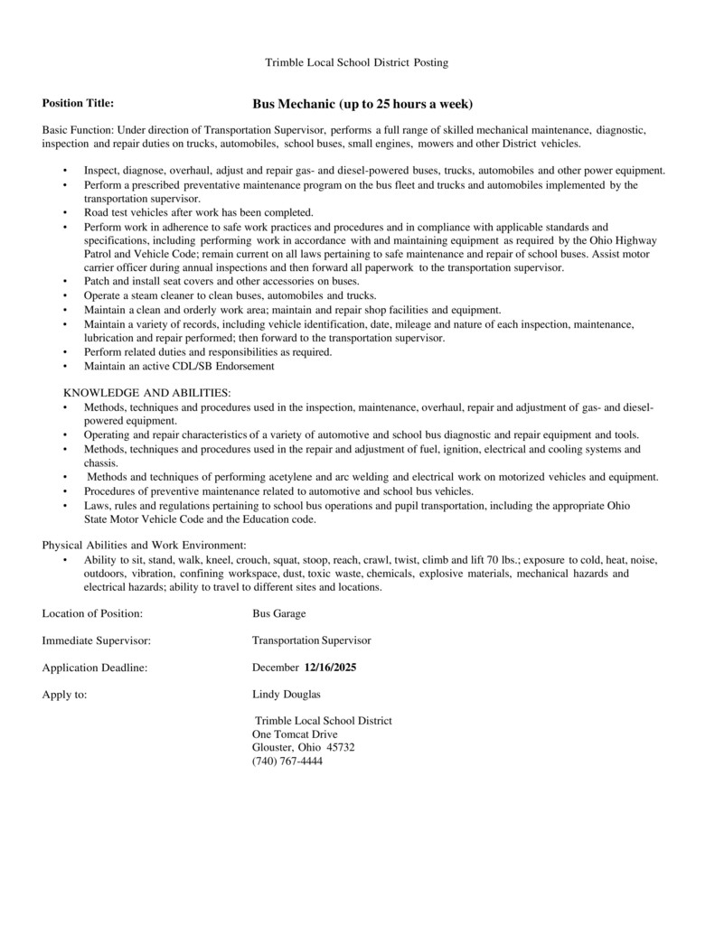 Bus Mechanic Position