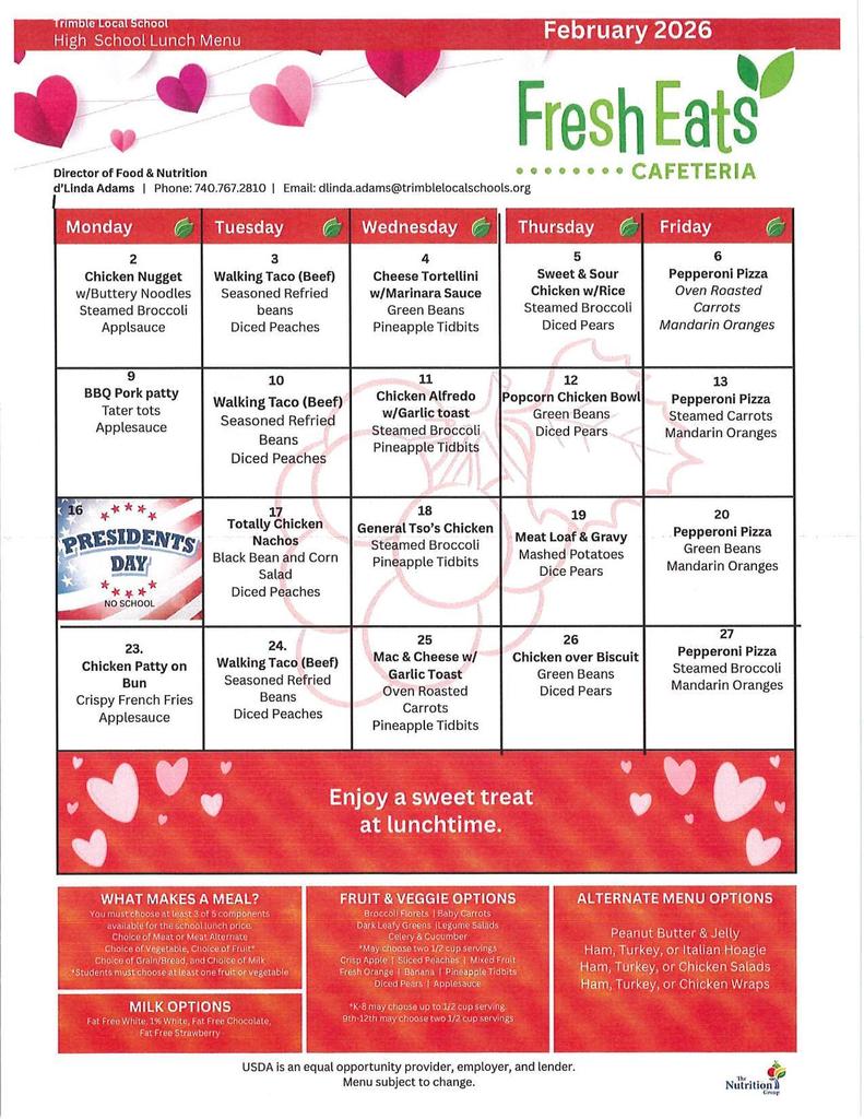 February Lunch Menu for High School