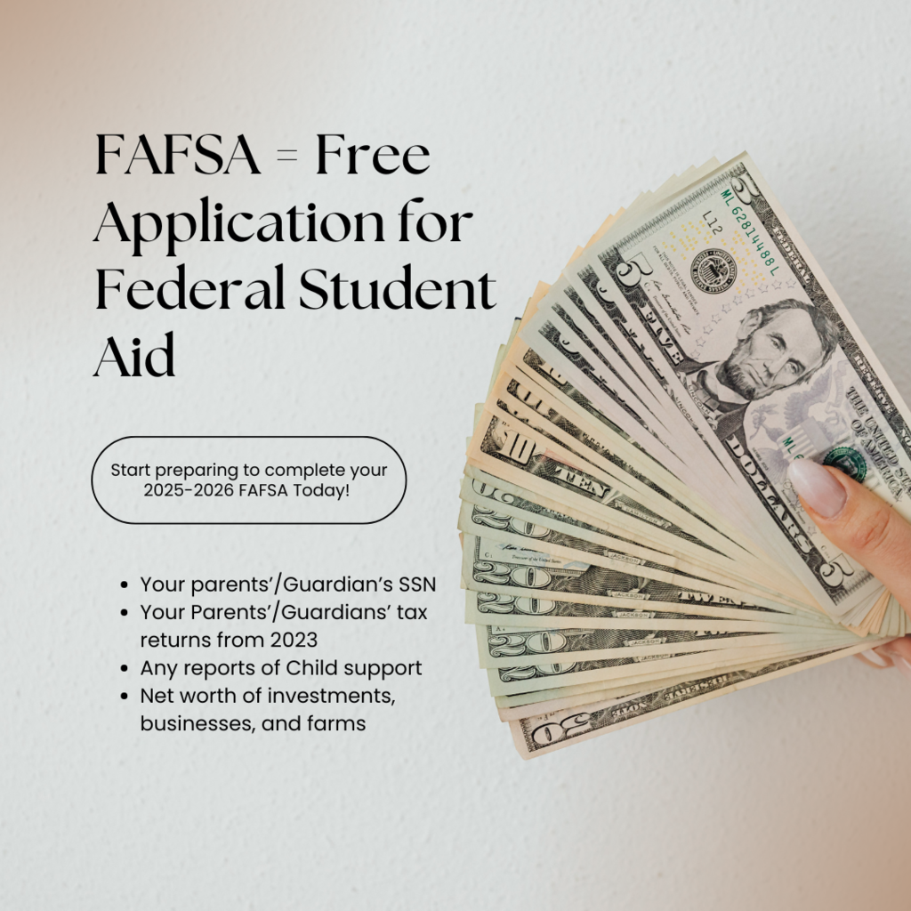 FAFSA-Free application for federal student AID. Start preparing to complete your 2025-2026 FAFSA Today!  Your parents’/Guardian’s SSN Your Parents’/Guardians’ tax returns from 2023  Any reports of Child support Net worth of investments, businesses, and farms 