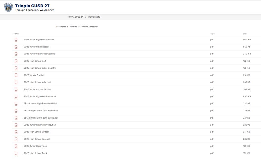 screen shot of athletic schedules