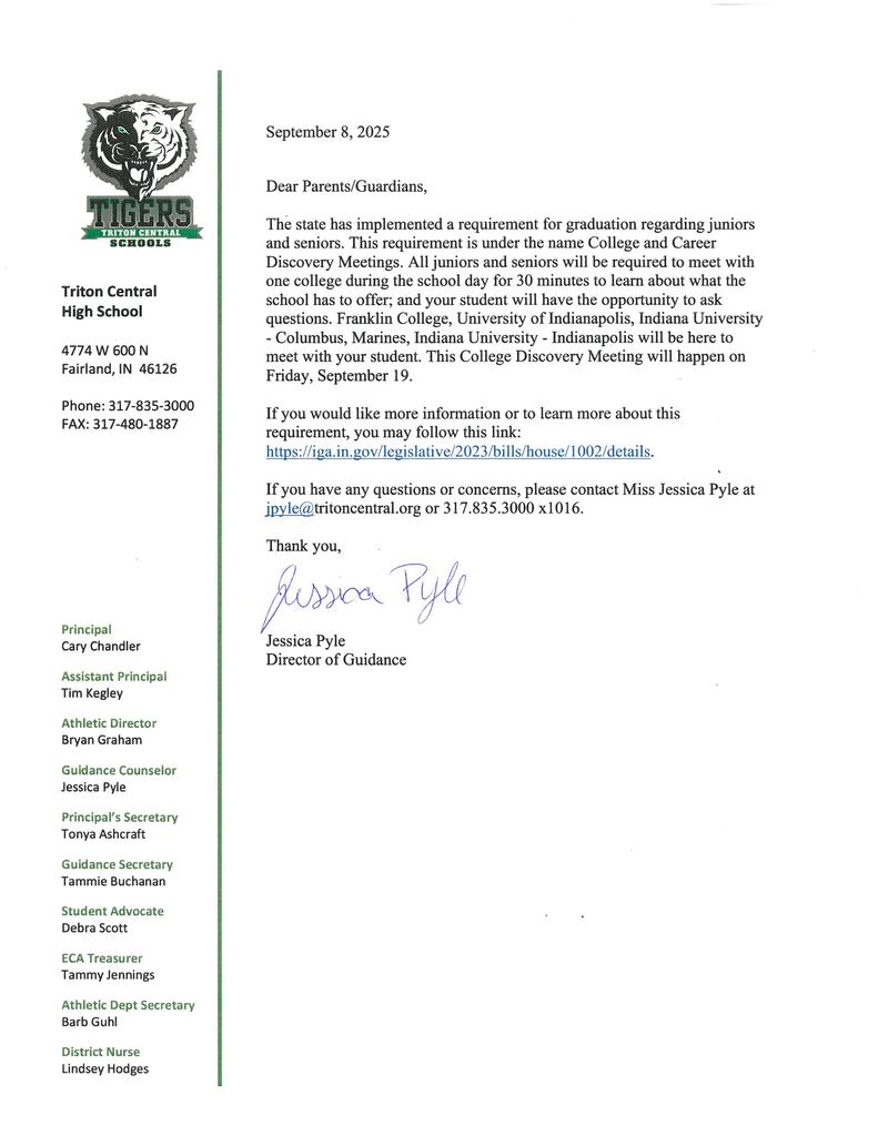 Letter with information about College Discovery Meetigs