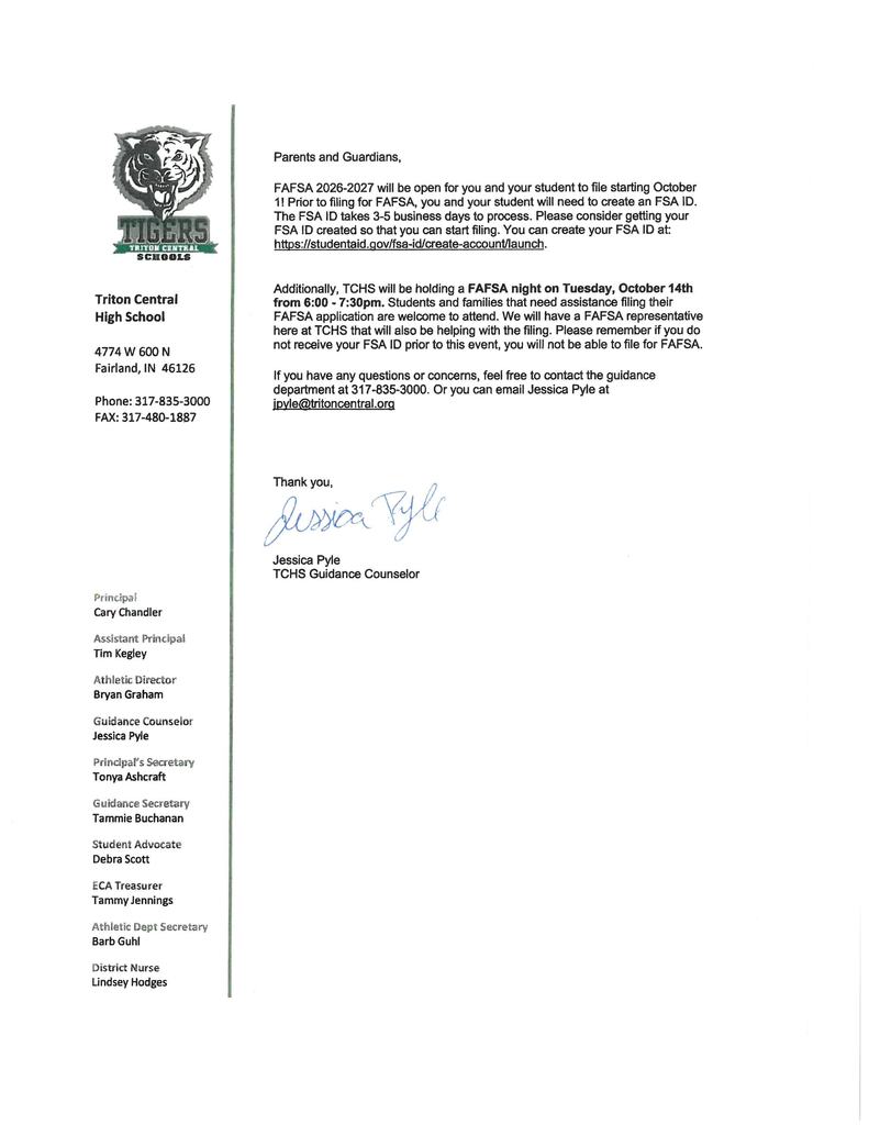 FAFSA night October 14, 6:30-7:00
