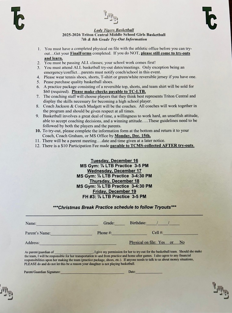 LTB 7 and 8 grade tryouts info