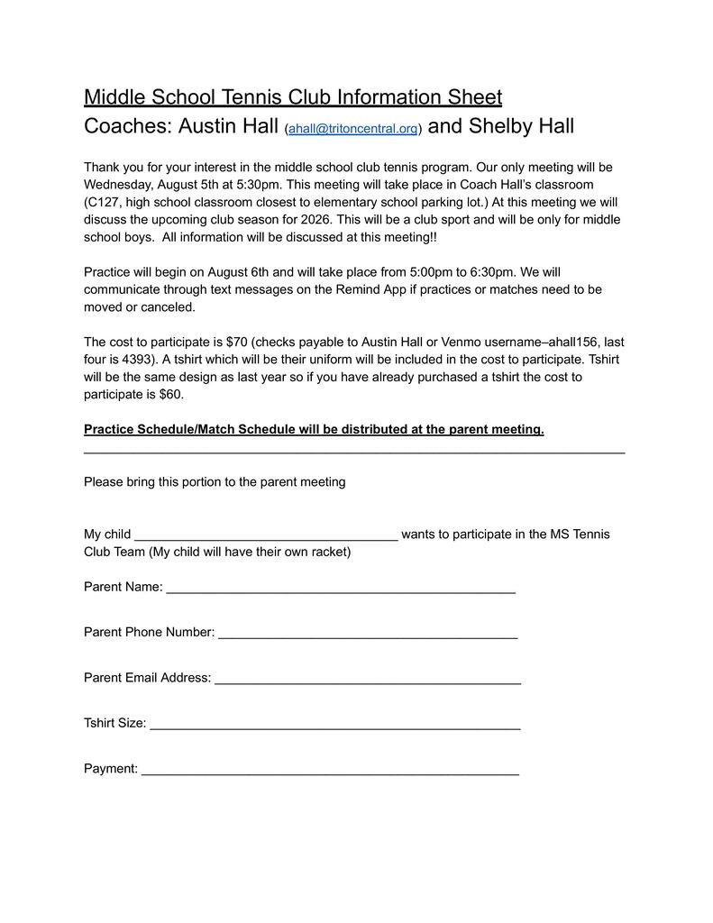 Triton Central Middle School Tennis Club Information Sheet