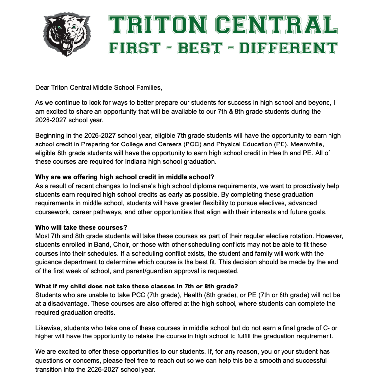A letter describing high school credit courses being offered at TCMS during the 26-27 school year.