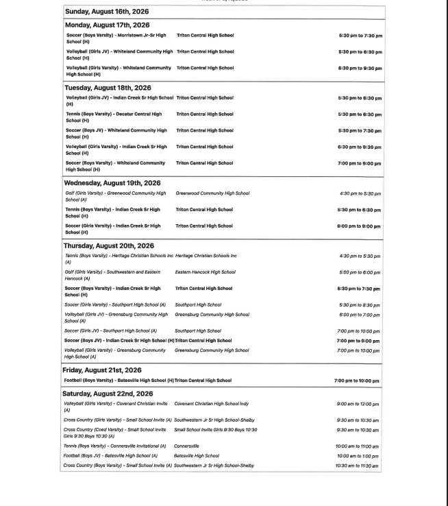 Triton Central Weekly Sports Schedule