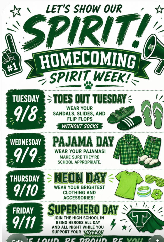 Spirit Days- September 8-11- Tuesday- Toes Out Tuesday, Wednesday- Pajama Day, Thursday- Neon Day, Friday- Superhero Day