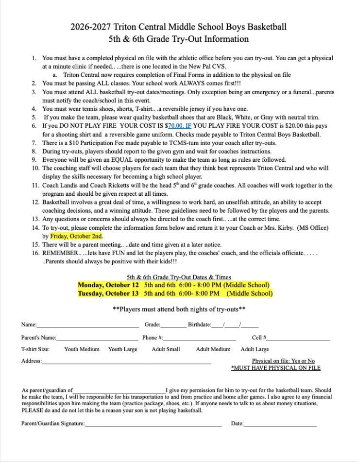 5th & 6th Grade Boys Basketball Tryouts 26-27