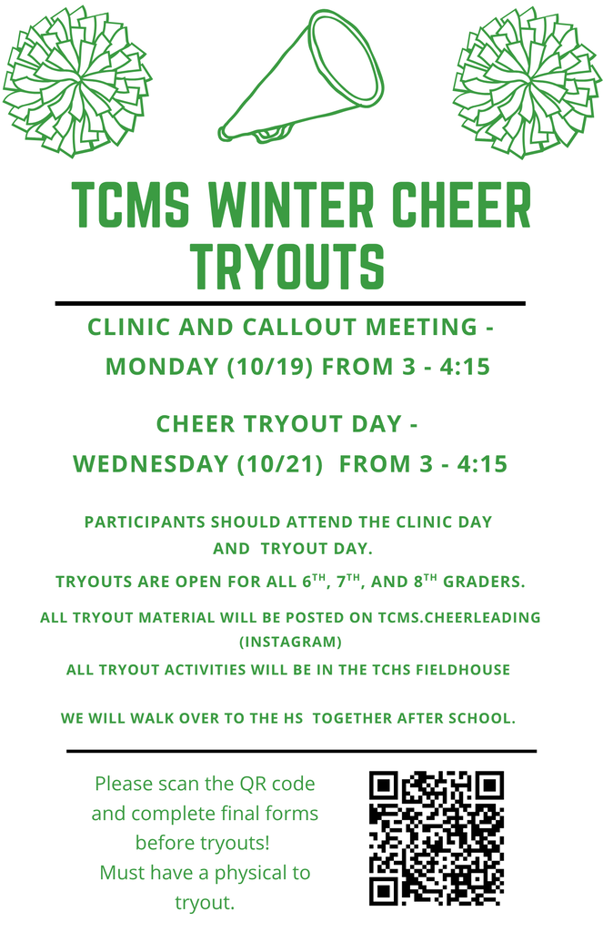 TCMS Winter Cheer Tryouts Flyer- 10/19 & 10/21