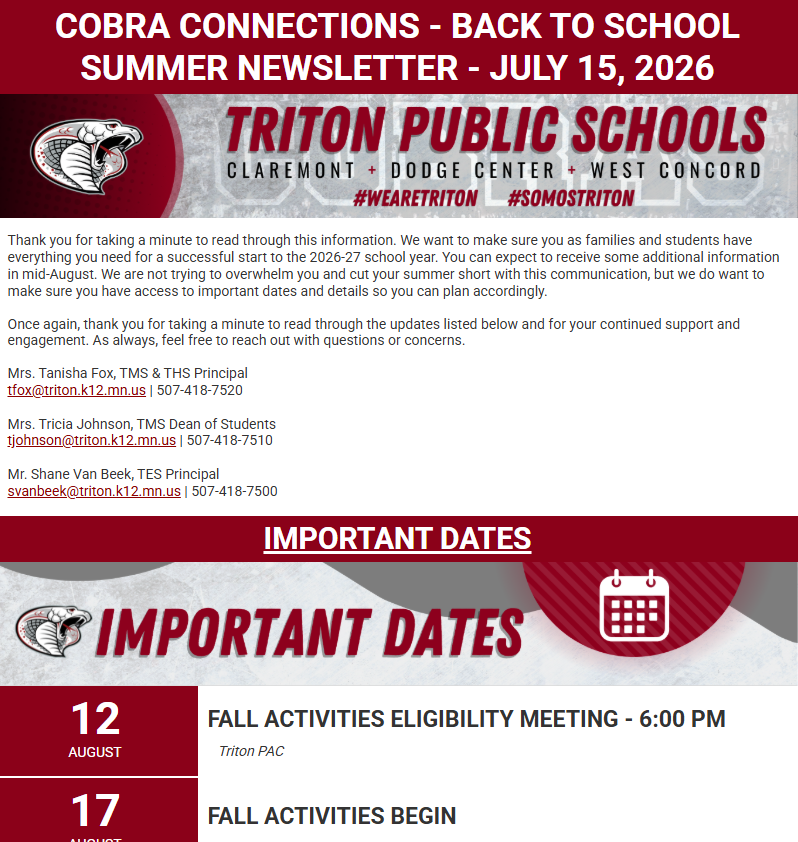 Cobra Connections- Back to School Summer Newsletter #1