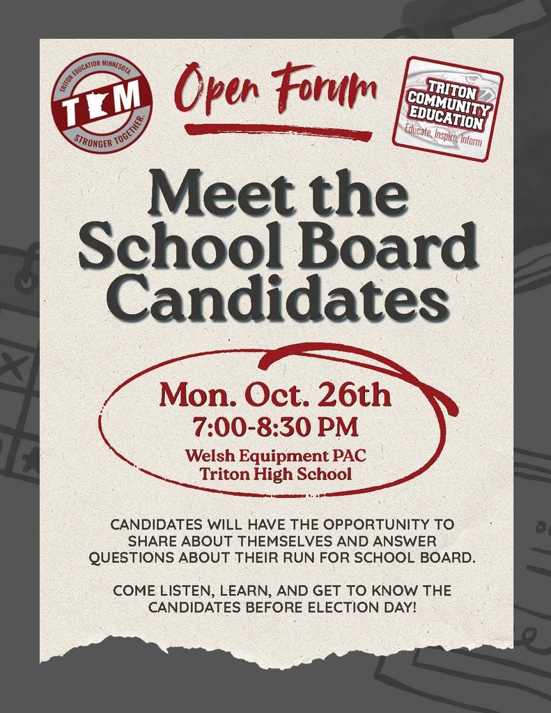 Triton's Meet the School Board Candidates night is 10/26 at 7PM in the Triton PAC.