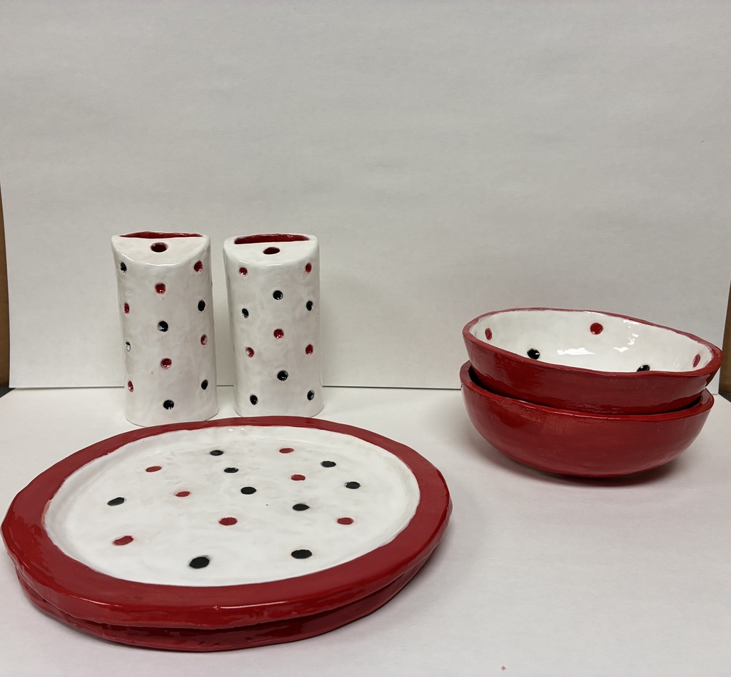 Red and white ceramic dishes