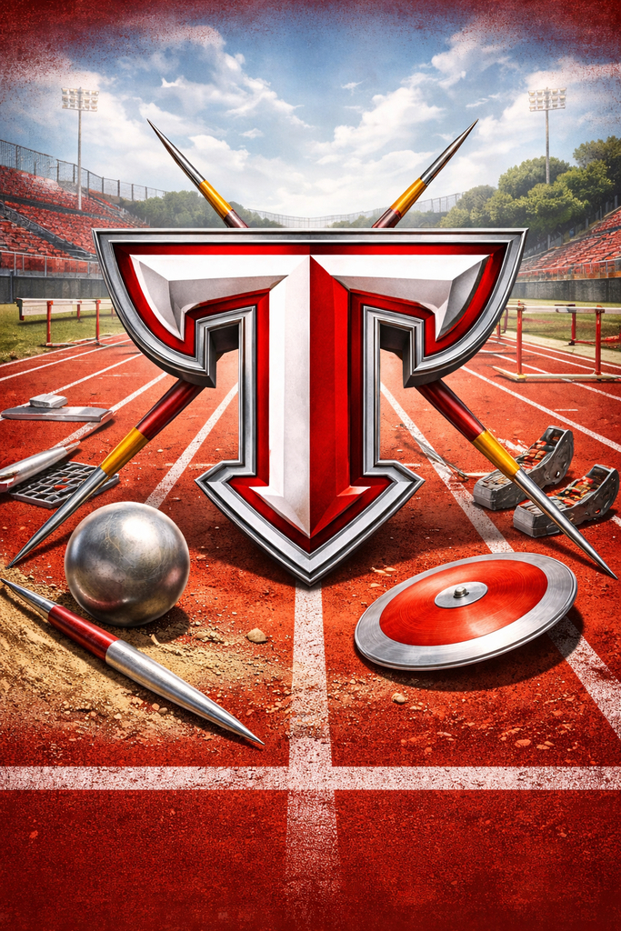 Troy T on a track with track equipment around the T shot put and discus