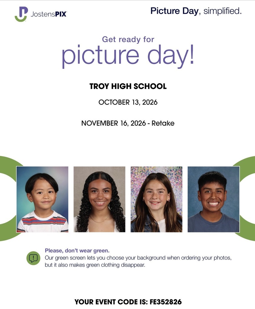 HIGH school picture day is October 13th 2026 and retakes are november 16th 2026. Do not wear green as we use a green screen.