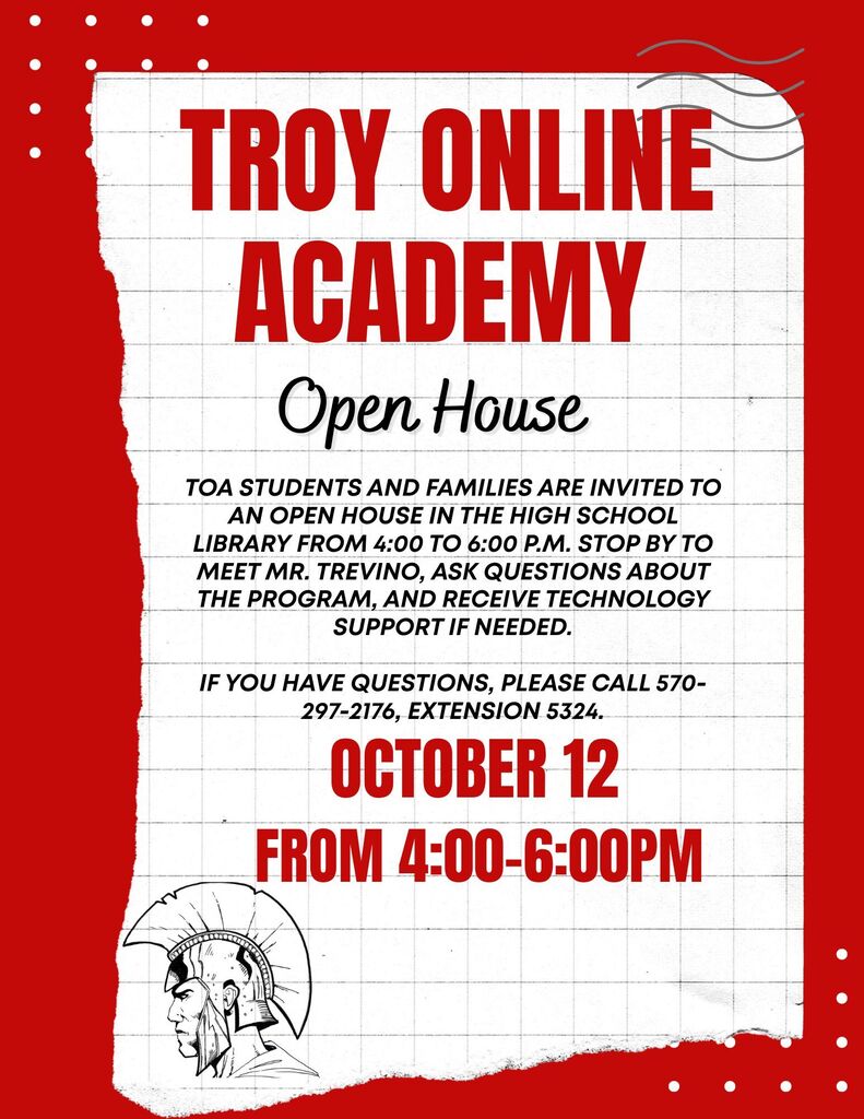 red and white flyer announcing Troy Online Academy Open House for October 12 from 4-6pm at the High School Library